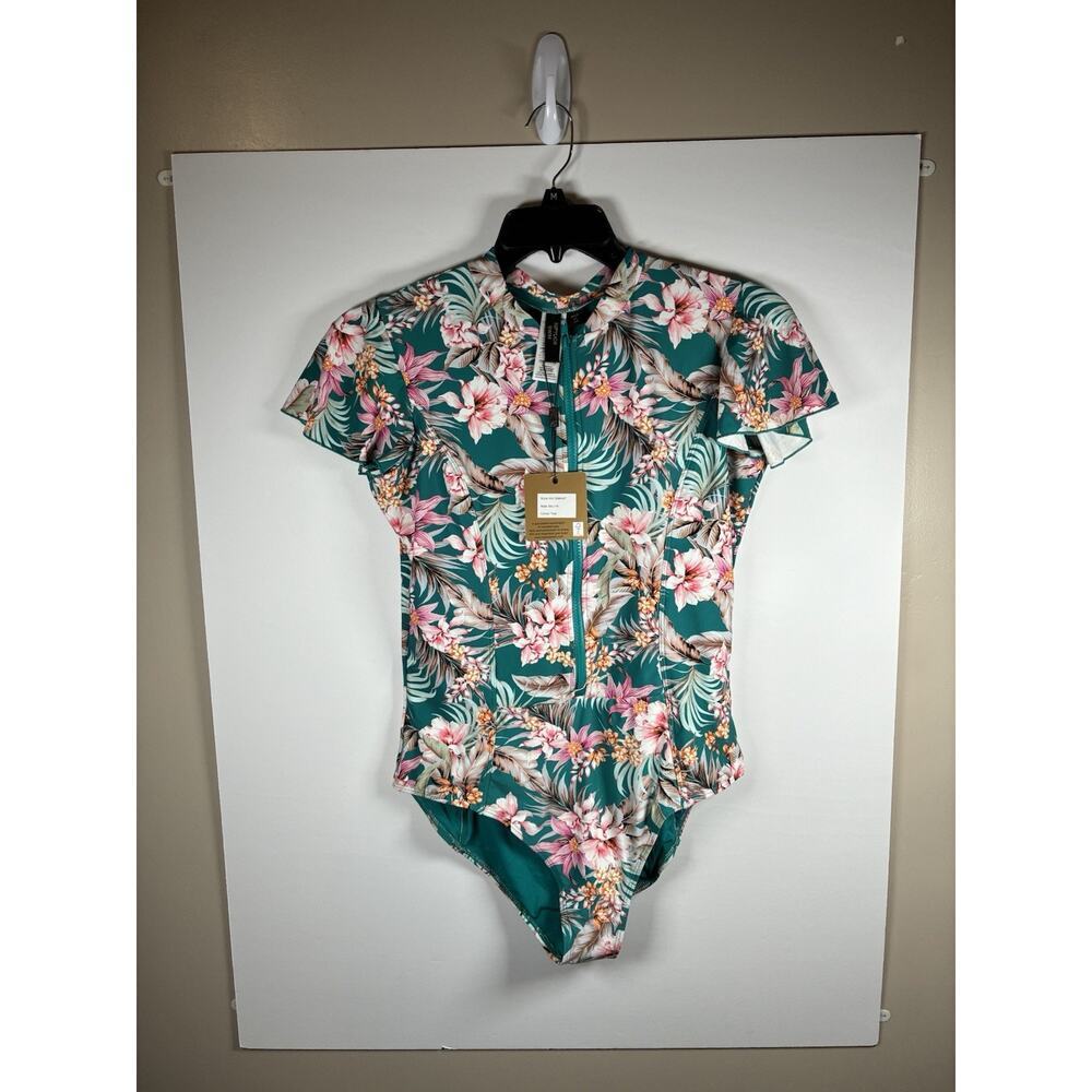 Niptuck Swim NWT Size XXL Au US 12 Teal Tropical Floral One Piece Ruffle Coastal